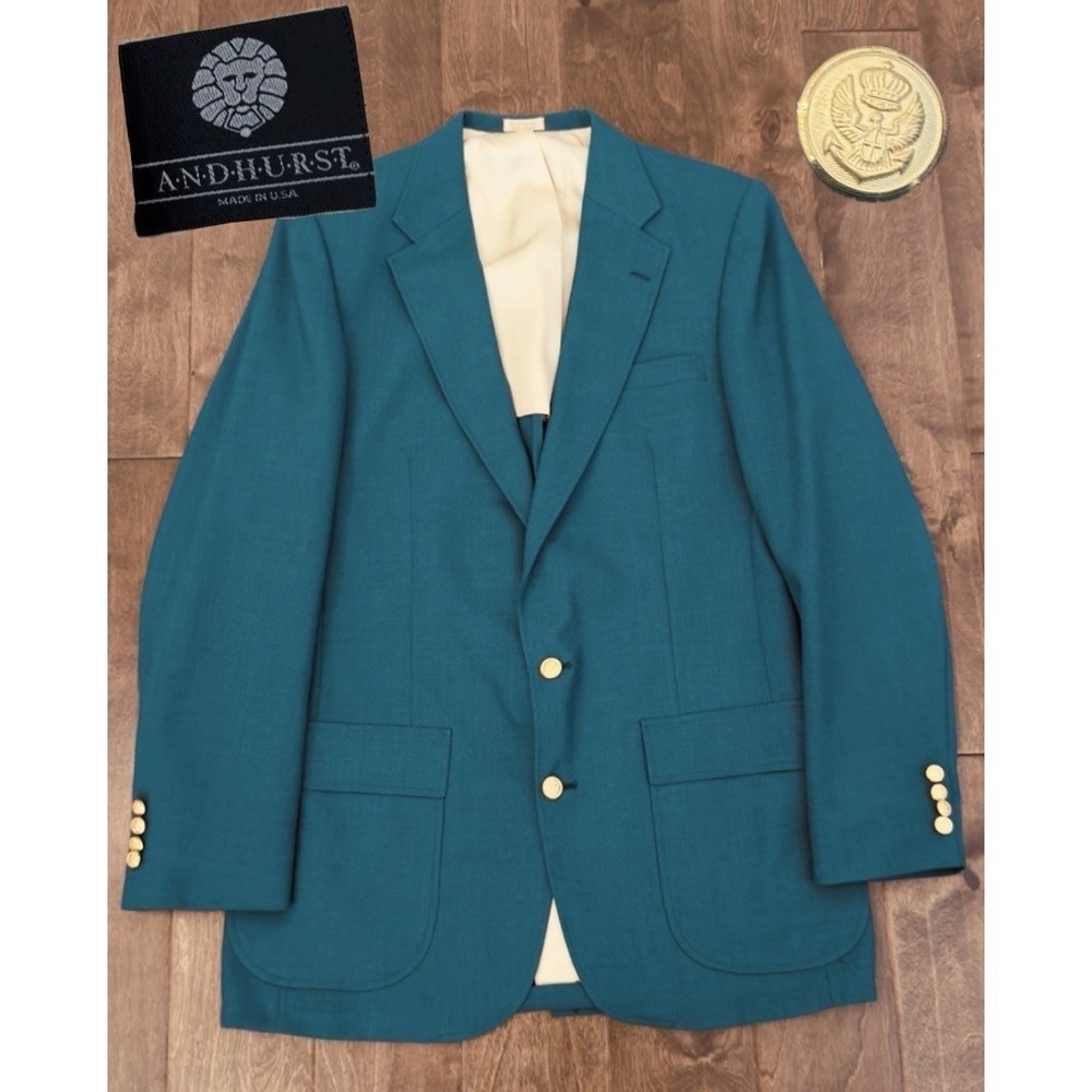 Vintage Andhurst Mens Blazer Size 40L‎ Teal Blue Gold Button Jacket Made In USA
